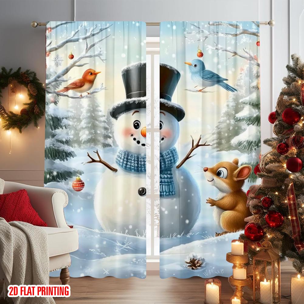 Set Of 2 Flat Printing Merry Christmas Popular Curtain Winter Snowman Polyester Without Electricity Holiday Machine Washable