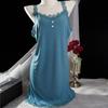 Women's Elegant Lace Trim Ribbed Nightdress Sleeveless V-Neck Button Decor Slip Dress Comfortable Sleepwear & Loungewear