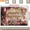 2D Pink Floral Arch Happy Birthday Backdrop, Warm Light & Balloon Photography Background for Party