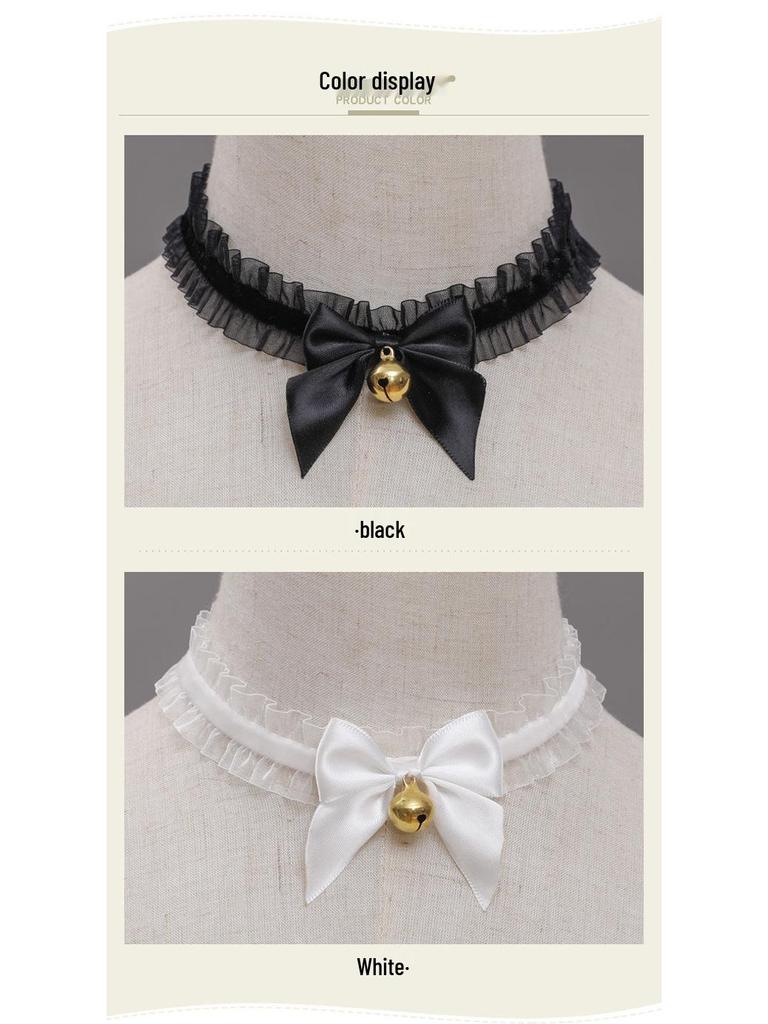Lolita Fox Ear Cosplay Cat Headband & Erotic Bell Necklace Set with Cute Bow.
