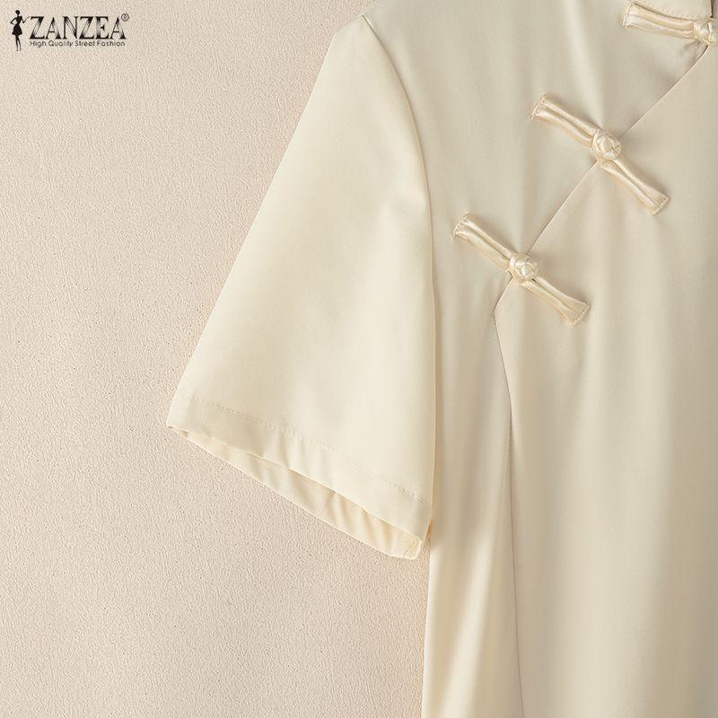 ZANZEA Damen Freizeit Stehkragen Sommer Kurzarm Kleid