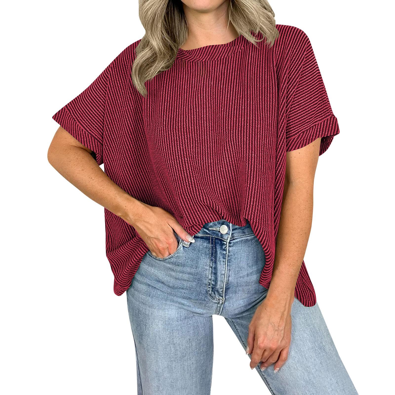 

Женская модная однотонная свободная футболка с круглым вырезом и коротким рукавом XL красный