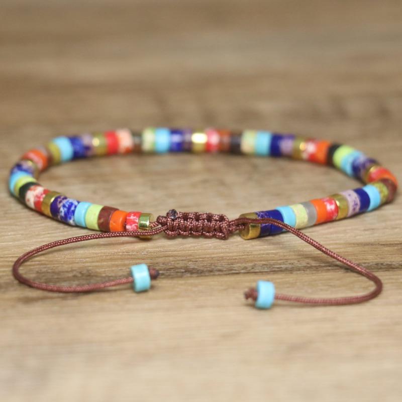Rainbow Chakra Heishi Bead Bracelet – Gold Accent Adjustable Boho Jewelry, Balance Joy Gift for Men & Women
