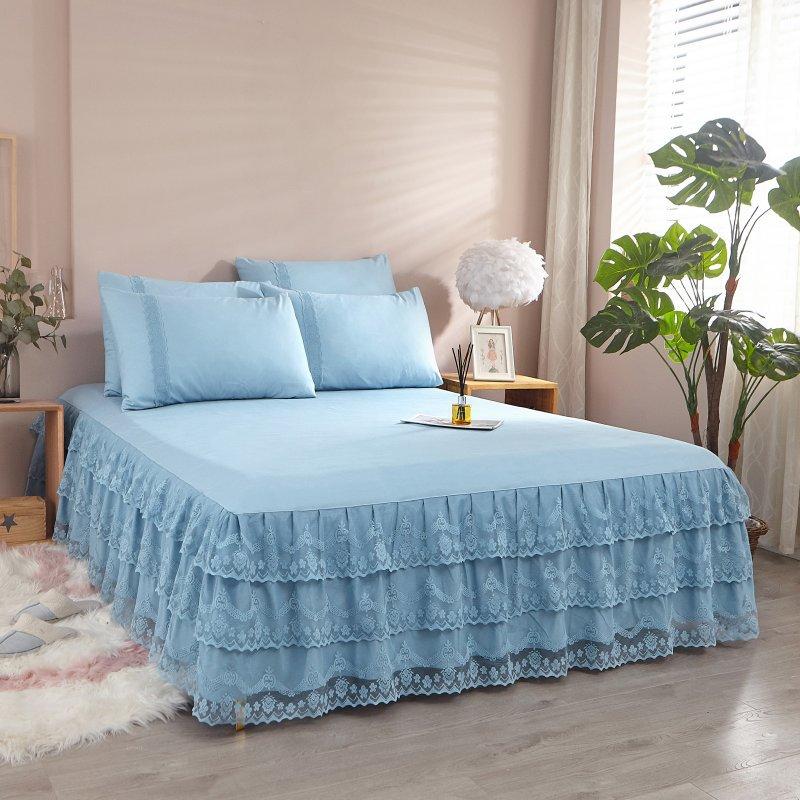 3pcs Double-Layer Lace Edge Sanded Solid Color Light Luxury Gray Bed Skirt Three-Piece Set 1Ps Bed Skirt + 2pcs Pillowcase