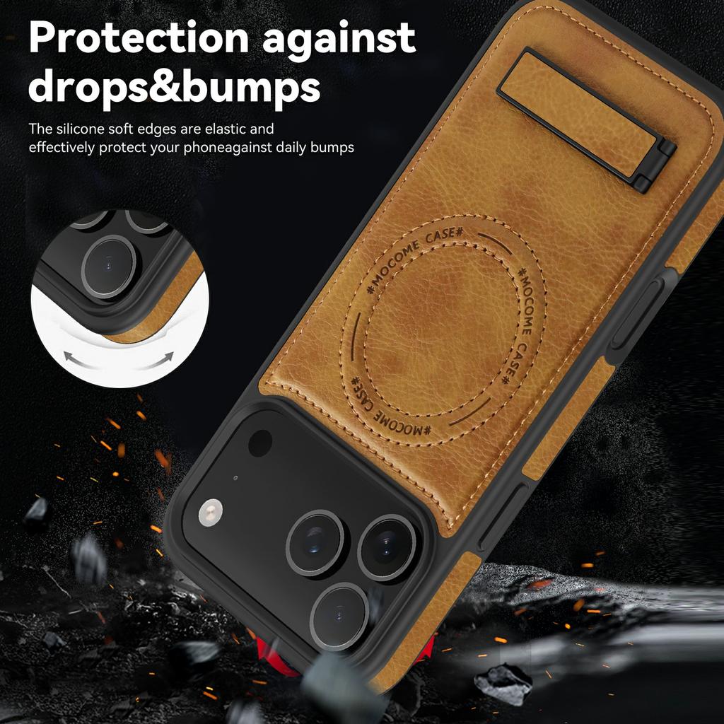 For iPhone 17 Pro Case Compatible with MagSafe Kickstand Leather Phone Back Cover