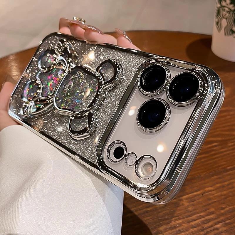 Niedliche Vergoldung Treibsand Bärenhülle für iPhone 17 16 15 14 13 12 11 Pro Max Plus Air Luxus Glitzer Bling Kameraschutzhülle