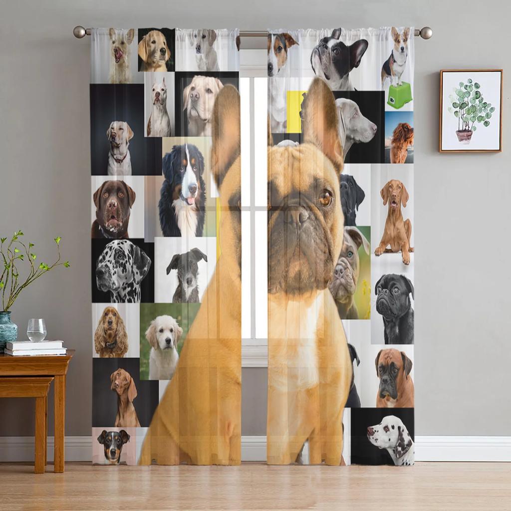 Light Filtering Bulldog Collie Animal Dog Tulle Curtains Living Room Bedroom Decoration Transparent Chiffon Voile Window Curtain Polyester Washable