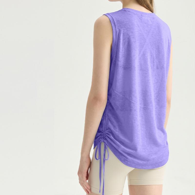 Slub yarn breathable yoga vest women's loose round neck sleeveless sports top hem drawstring yoga blouse