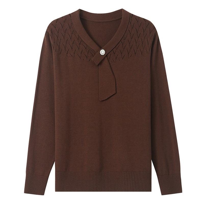 Autumn Winter V-neck Hollow Out Scarf Pullover Knitting Top Women Long Sleeve Solid Casual Bottomed Sweater