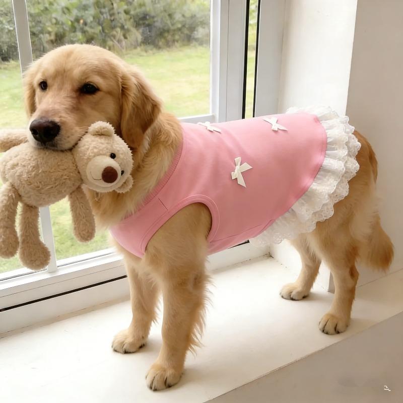 Spring Summer Thin Breathable Pink Blue Bow and Lace Decorative Dress Suitable for Medium and Large Pet Dog Clothing