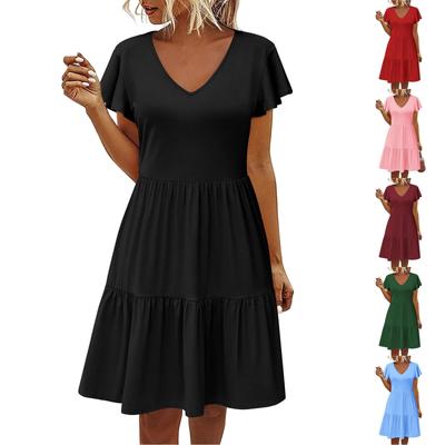 Women's Casual Layered Dresses V Neck Ruffle Dress Cap Sleeves Full Hem  Dress A Line Dress