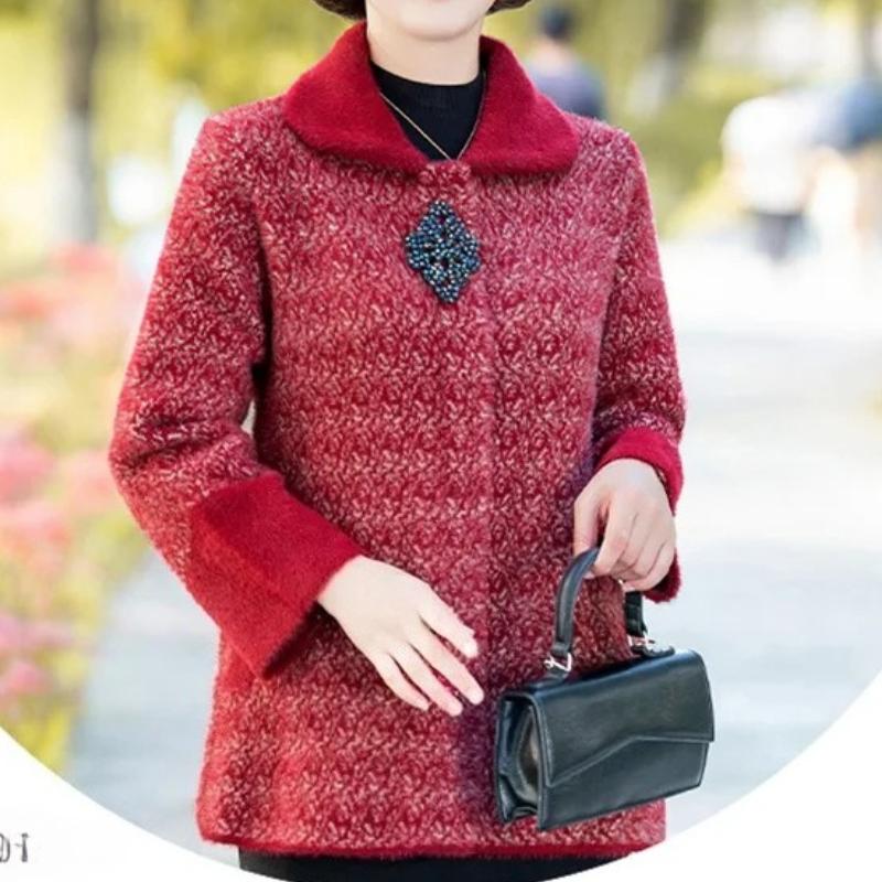 New Mother's Imitation Mink Velvet Sweater Coat Thick Middle Aged Elderly Women's Knitted Cardigan Short Woolen Jacket Outwear