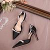 Fashion Elegant Women's High Heeled Pumps Pearl Beaded Ankle Straps Pointed Toe Bride Wedding Shoes Black White Satin Heeled Sandals