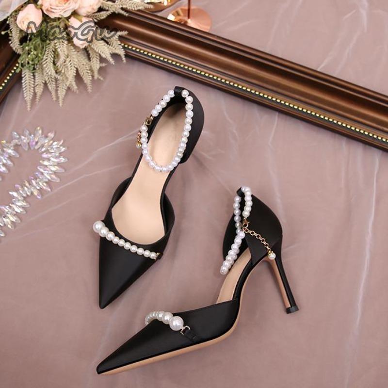 Fashion Elegant Women's High Heeled Pumps Pearl Beaded Ankle Straps Pointed Toe Bride Wedding Shoes Black White Satin Heeled Sandals