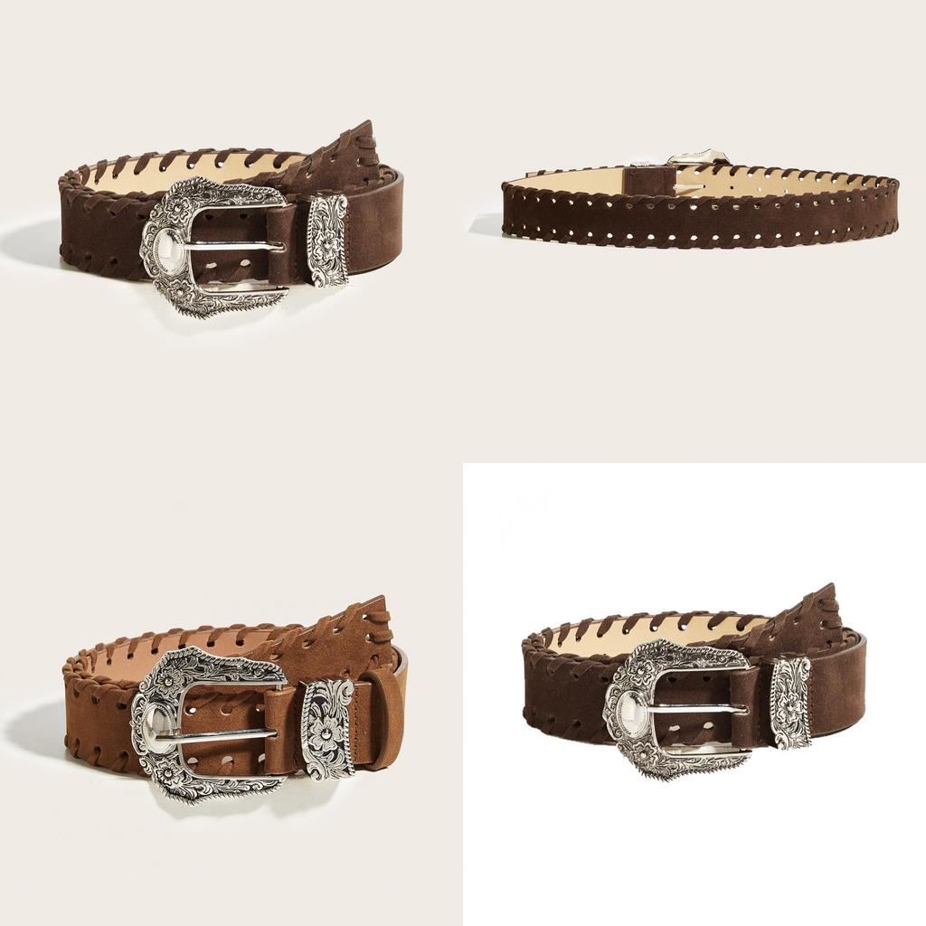 Fashionable Carved Metal Buckle Women Casual Suede Waist Belt For Stylish Outfits