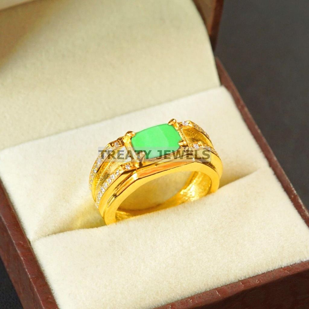 Jade Oval Cut With 925 Sterling Silver Gold Plated Ring For Men's #B143 JL375671584174