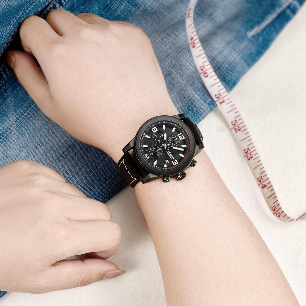 Megir Chronogragph Luksusmerke Kvarts Herreklokker Mote Skinn Sportsklokke Herre Luminous Army Militære armbåndsur