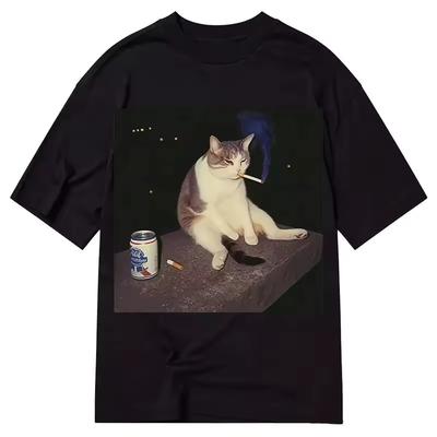 Cat Meme T-and Kids Tshirt Men Women Vintage Aesthetic Cat with Cigarette and Beer Print Oversized Casual Streetwear Short Sleeve Tee Tops