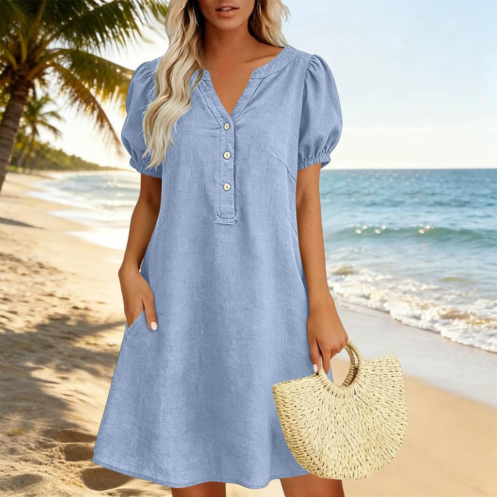 Lässiges Damen-Kleid mit V-Ausschnitt, Knopfleiste vorne, lockerer Passform, kurzen Puffärmeln und Seitentaschen für den Alltag