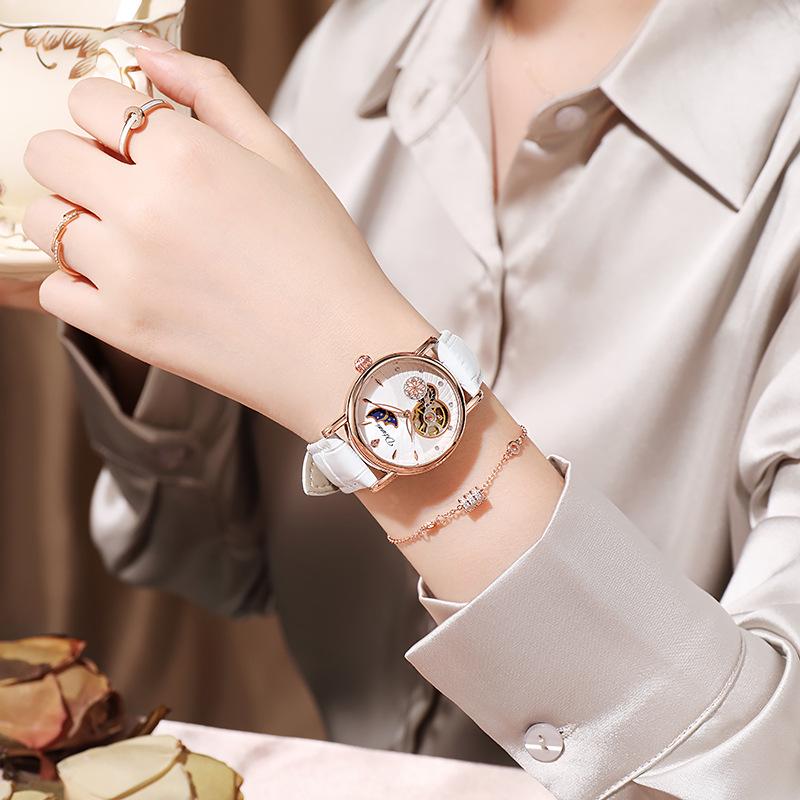 Genuine Automatic Mechanical Waterproof Watch for Women - Trendy Multi-Functional with Day, Date, Month, Year, and Starry Design.