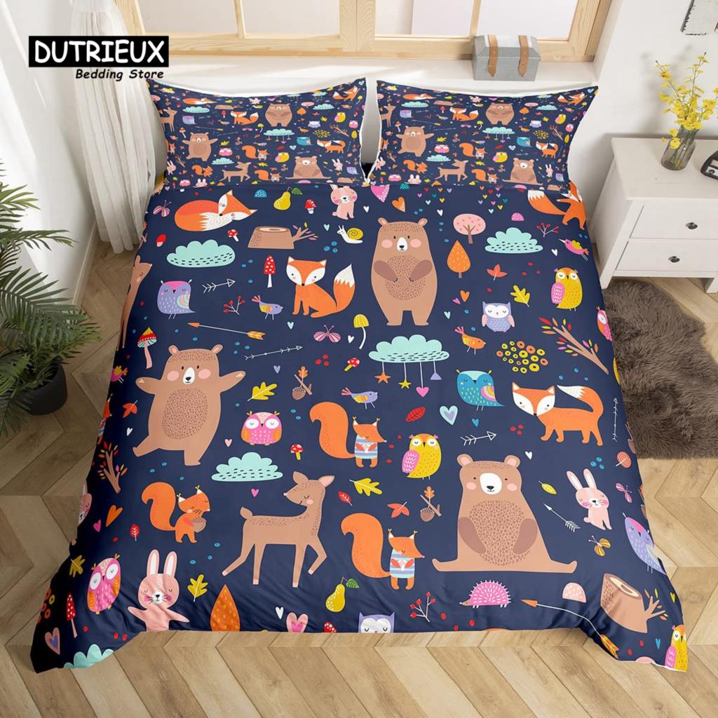 Kawaii Bear Duvet Cover Set Twin King Size Cartoon Animals Bedding Set Polyester Parachute Blue Sky White Cloud Comforter Cover