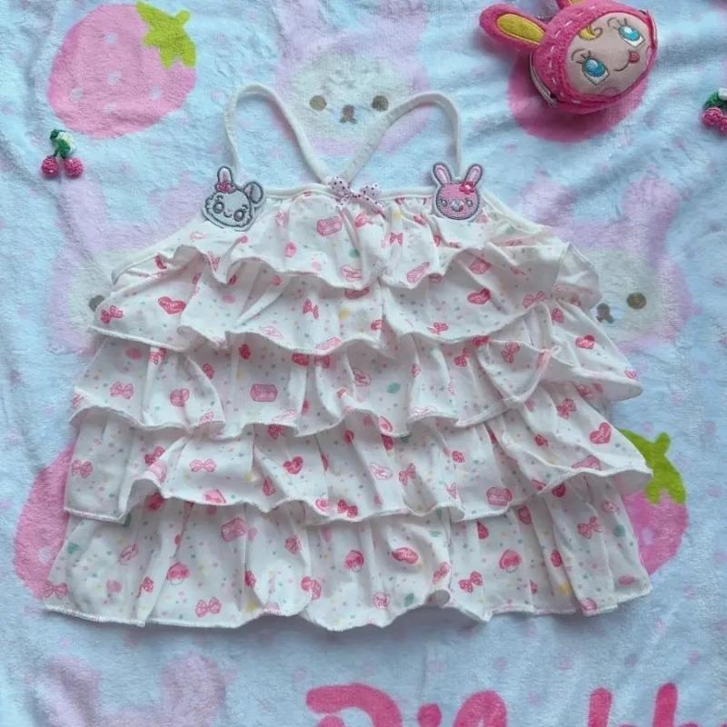 Y2k Aesthetic Summer Embroidery Vest Japanese Cartoon Print Sweet Kawaii Cute Tank Harajuku Women Backless Ruffled Camisoles