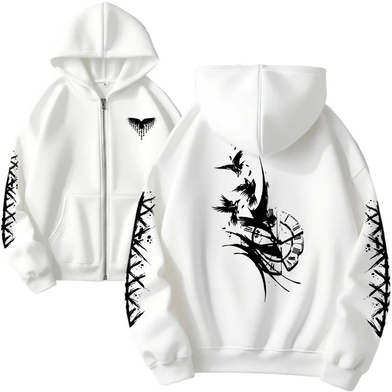 2026 Trendy Oversized Pullover Goth Y2k Winter Warm Women Hooded Sweatshirt Viking Raven Print Zipper Jacket Casual Streetwear