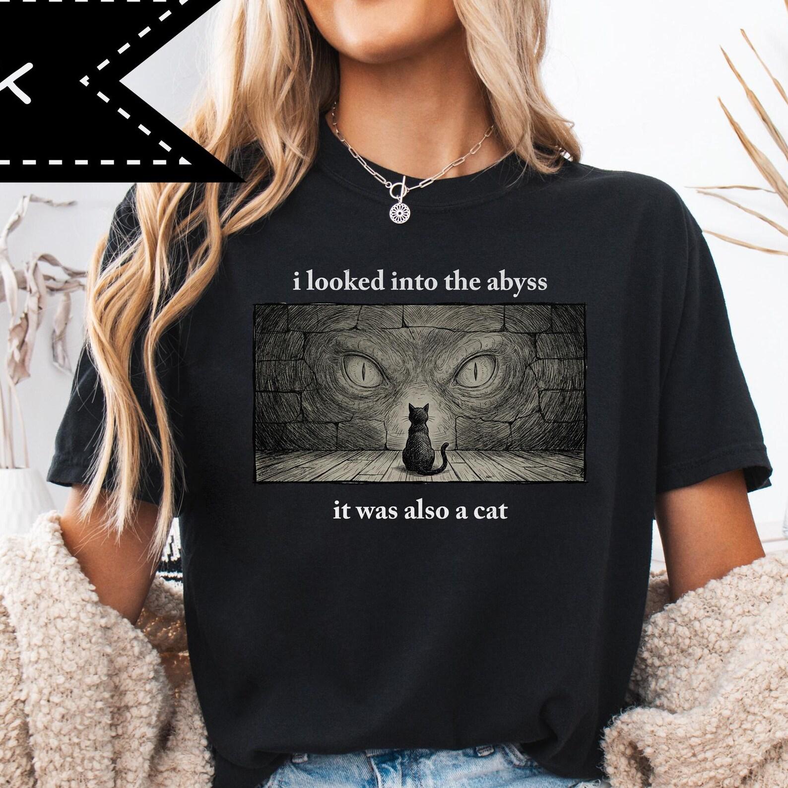 Nietzsche Inspired Tee, Graphic Black Cat T-Shirt, Abyss Illustration, Kawaii Streetwear M