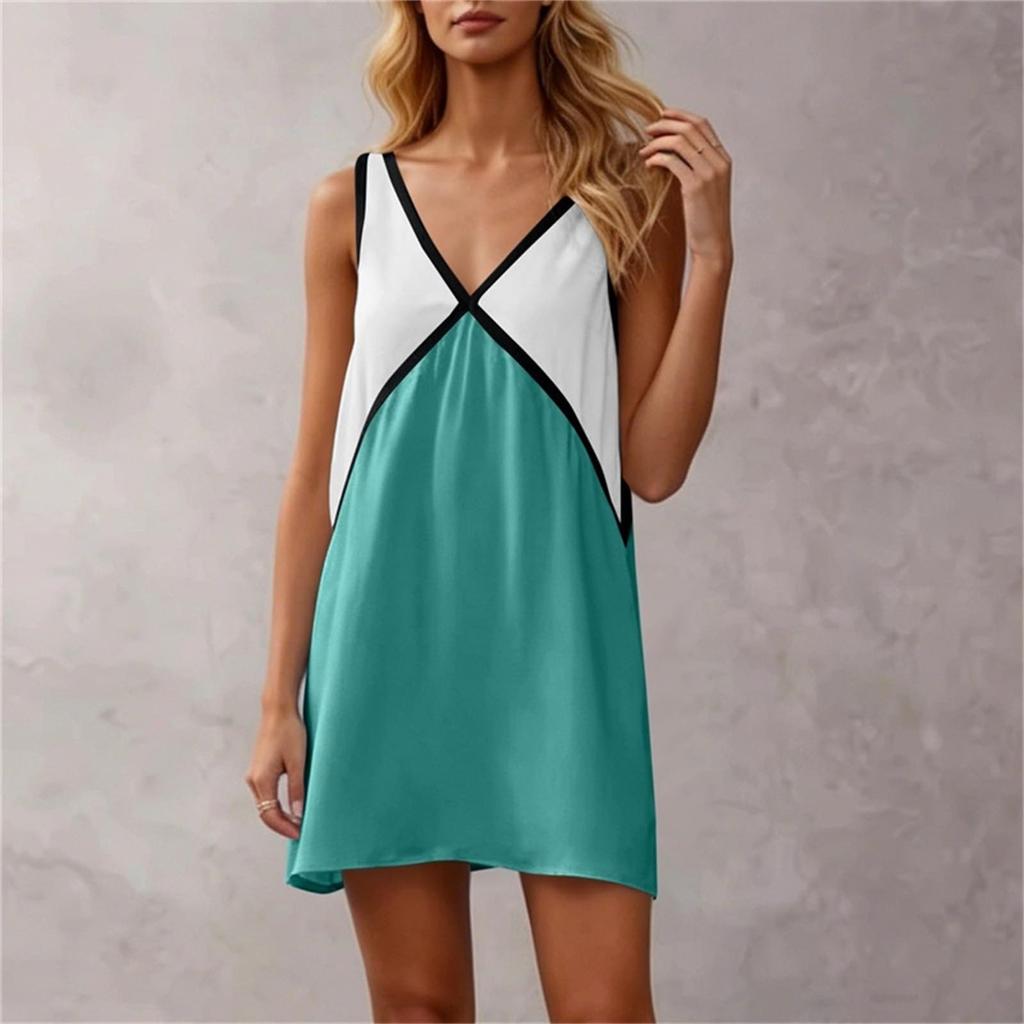 Women's Casual V Neck Loose Fit Sleeveless Dress Color Block Mini Dress Summer Beachwear Lightweight Comfortable