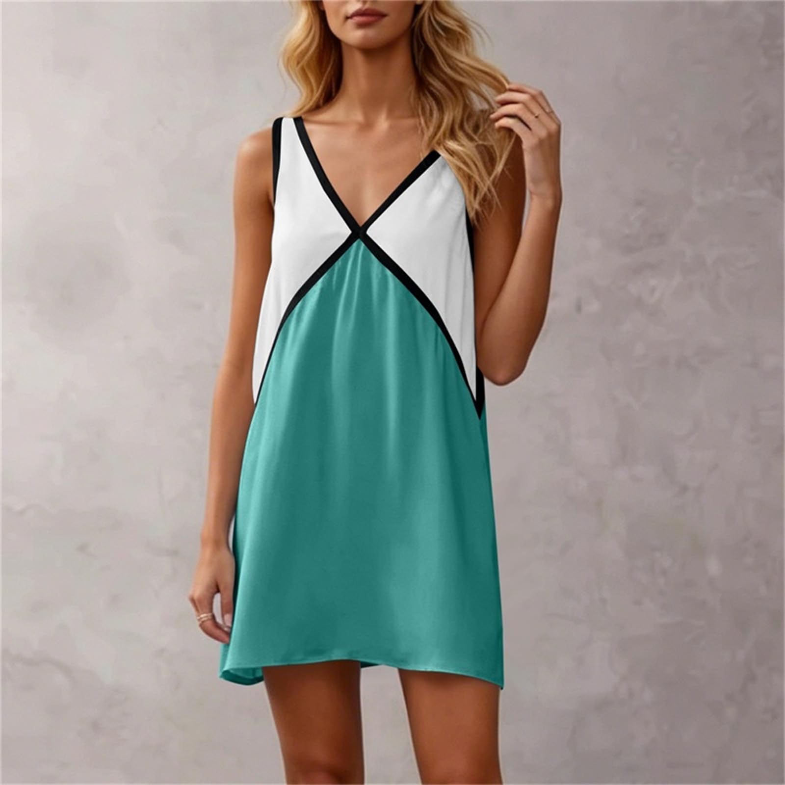 

Women s Casual V Neck Loose Fit Sleeveless Dress Color Block Mini Dress Summer Beachwear Lightweight Comfortable XL циан