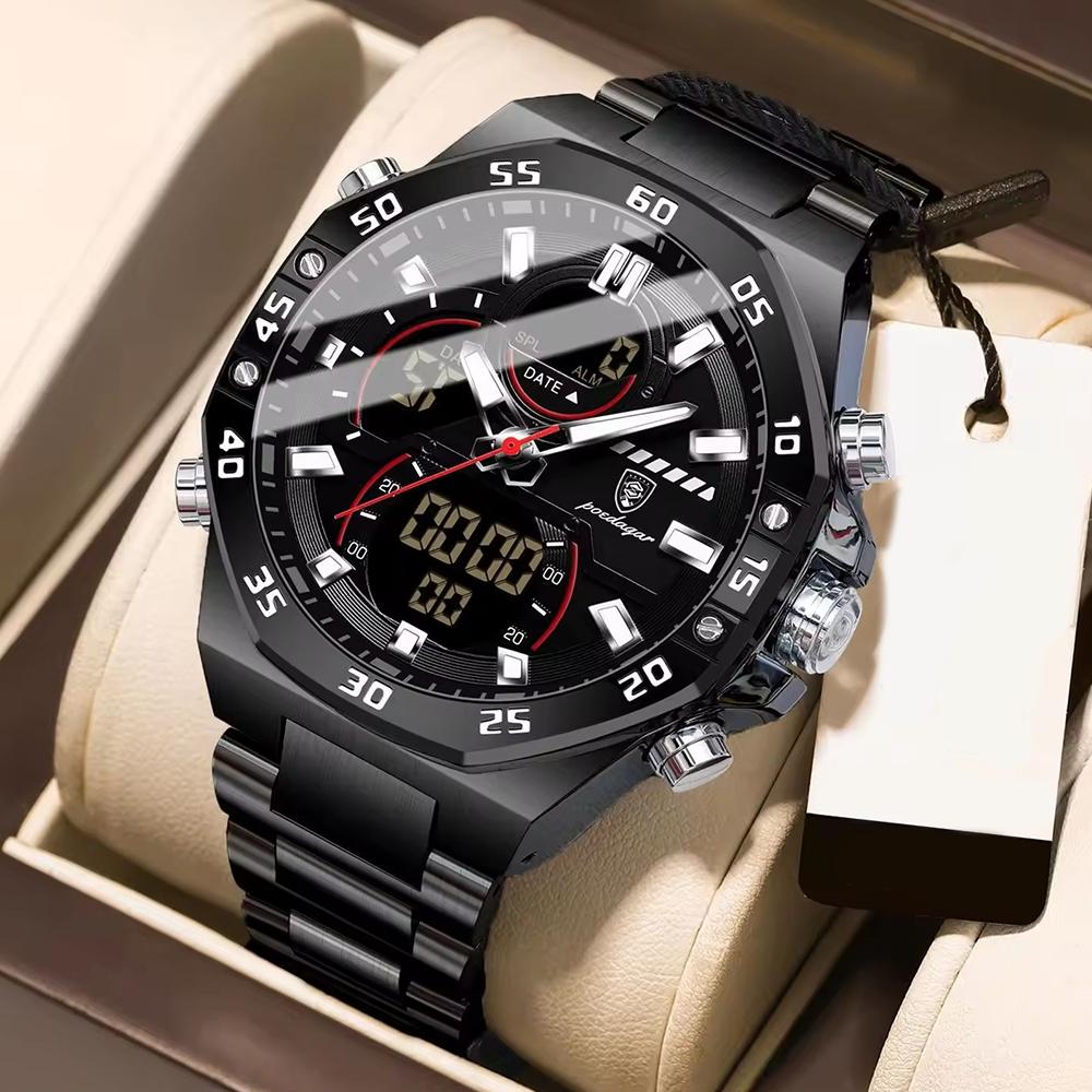 Zegarki Męskie Cyfrowo-Analogowe - Wodoodporny LEDowy Podświetlany Nocą, Modny Zegarek na Rękę Outdoorowy na Co Dzień i Aktywny