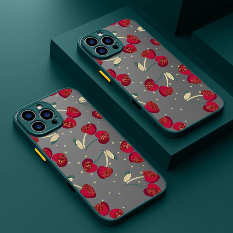 Simple Cherry Pattern Clear Matte Phone Case For iPhone 16 Pro Max 15 Pro 14 13 12 11 Soft Edge Shockproof Lens Protection Slim Phone Cover