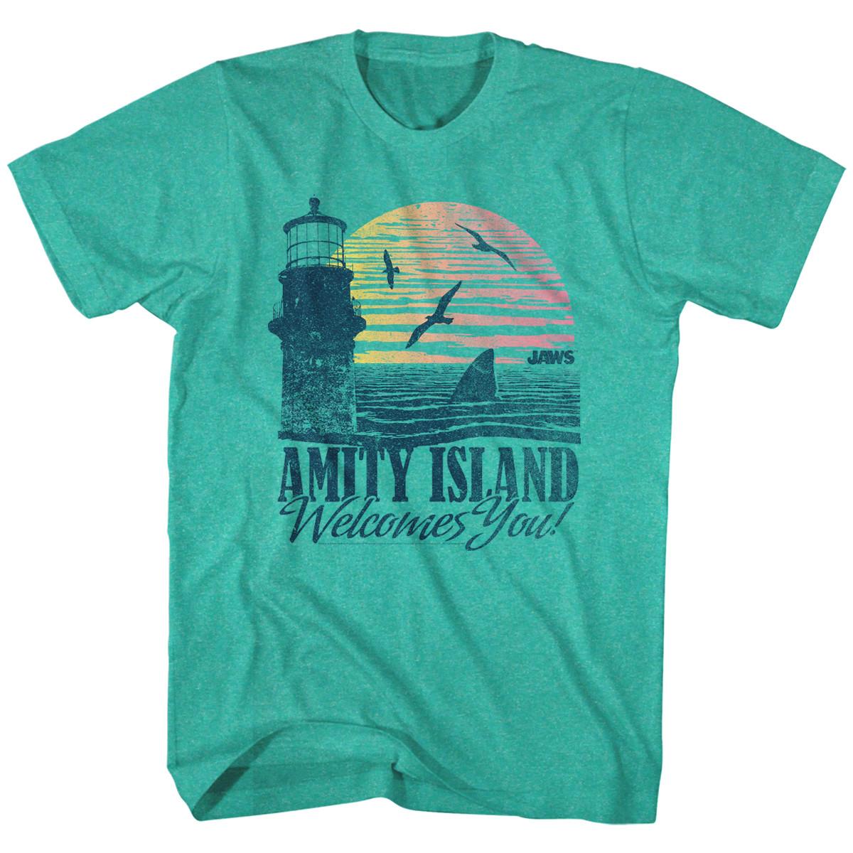 Jaws Vintage Amity Island Welcome Postcard Men T Shirt Sunset Green Heather XXL