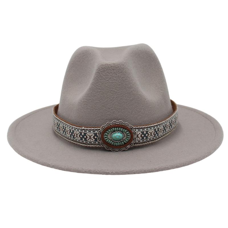 

Ethnic Style Dance Performance Top Hat Imitation Turquoise Woven Accessories Jazz Hat Spring And Autumn Big Brim Felt Hat L（58-60cm） світло-сірого кольору