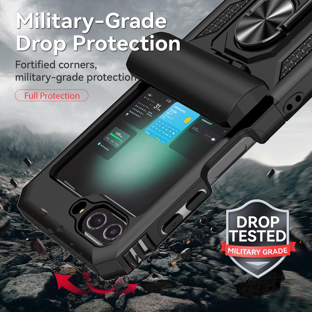 For Samsung Galaxy Z Flip 6 5 4 3 Case with Slide Lens Cover, 360° Magnetic Ring Kickstand Upgraded Military Grade Shockproof