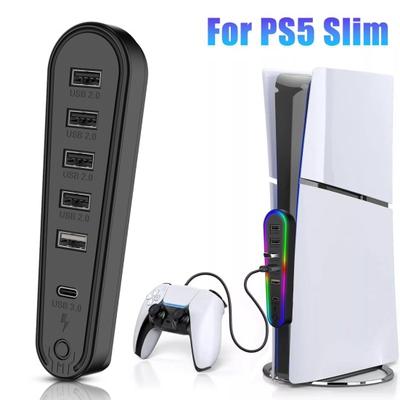 Hub USB 6 ports avec lumière RVB Plug-and-Play Transfert de données Convivial Hub d'extension USB pour PS 5 Pro/pour PS5 Slim