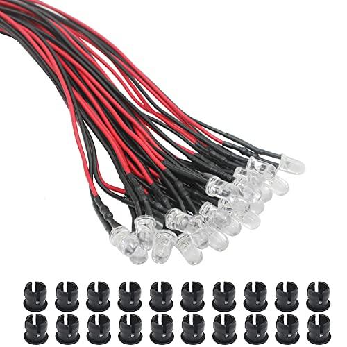 

KeeYees 5мм LED Попередньо підключений Високої яскравості Білий Світлодіод кулеподібної форми для 12В Упаковка з 20 штук зі спеціальним монтажним тримачем