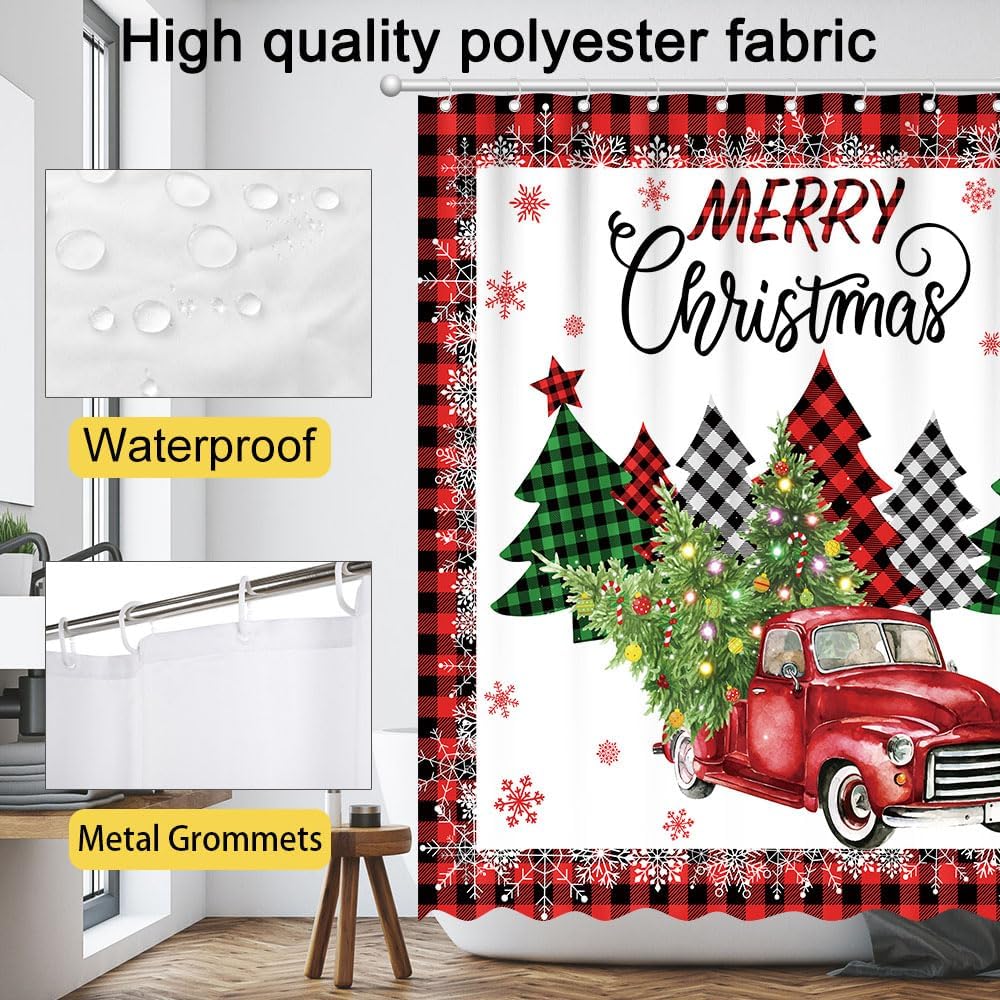 Merry Christmas Truck Shower Curtain  Buffalo Plaid Xmas Trees Home Bathroom Decorations Winter Snowflakes Farmhouse Bathtub