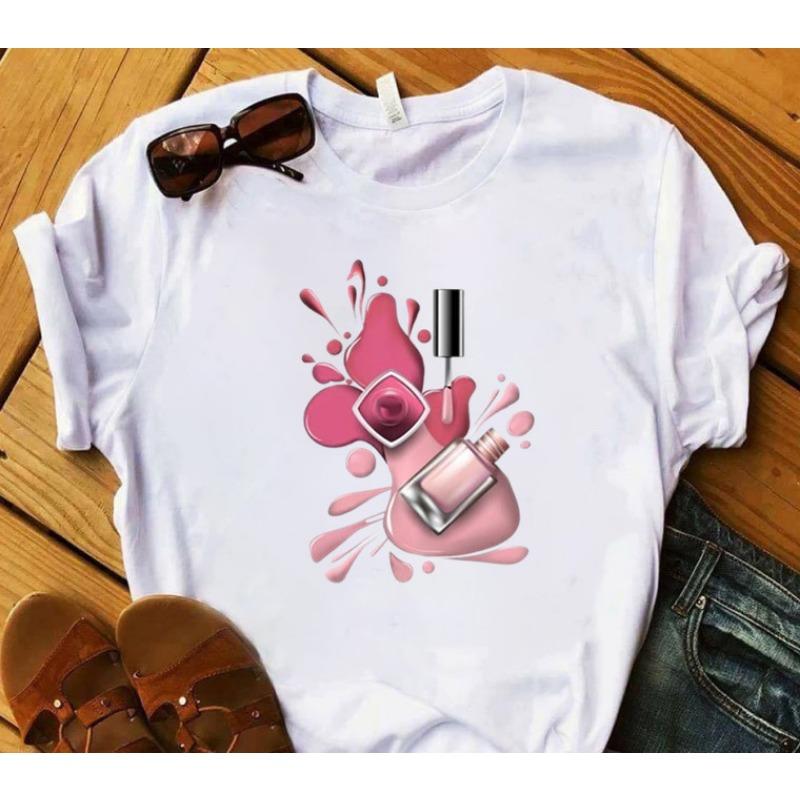 European and American Nail Polish Simple Women's Casual Cute Large Size Short-sleeved T-shirt Women Clothes Tops