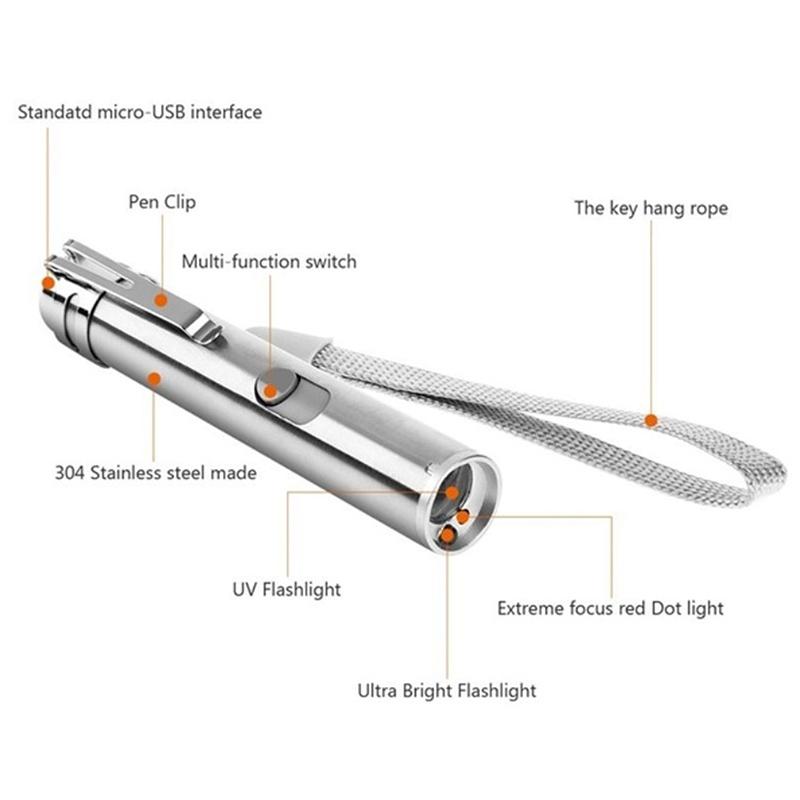 Multifunction 3 In1 Mini Usb Flashlight Aluminium Alloy Usb Rechargeable Laser