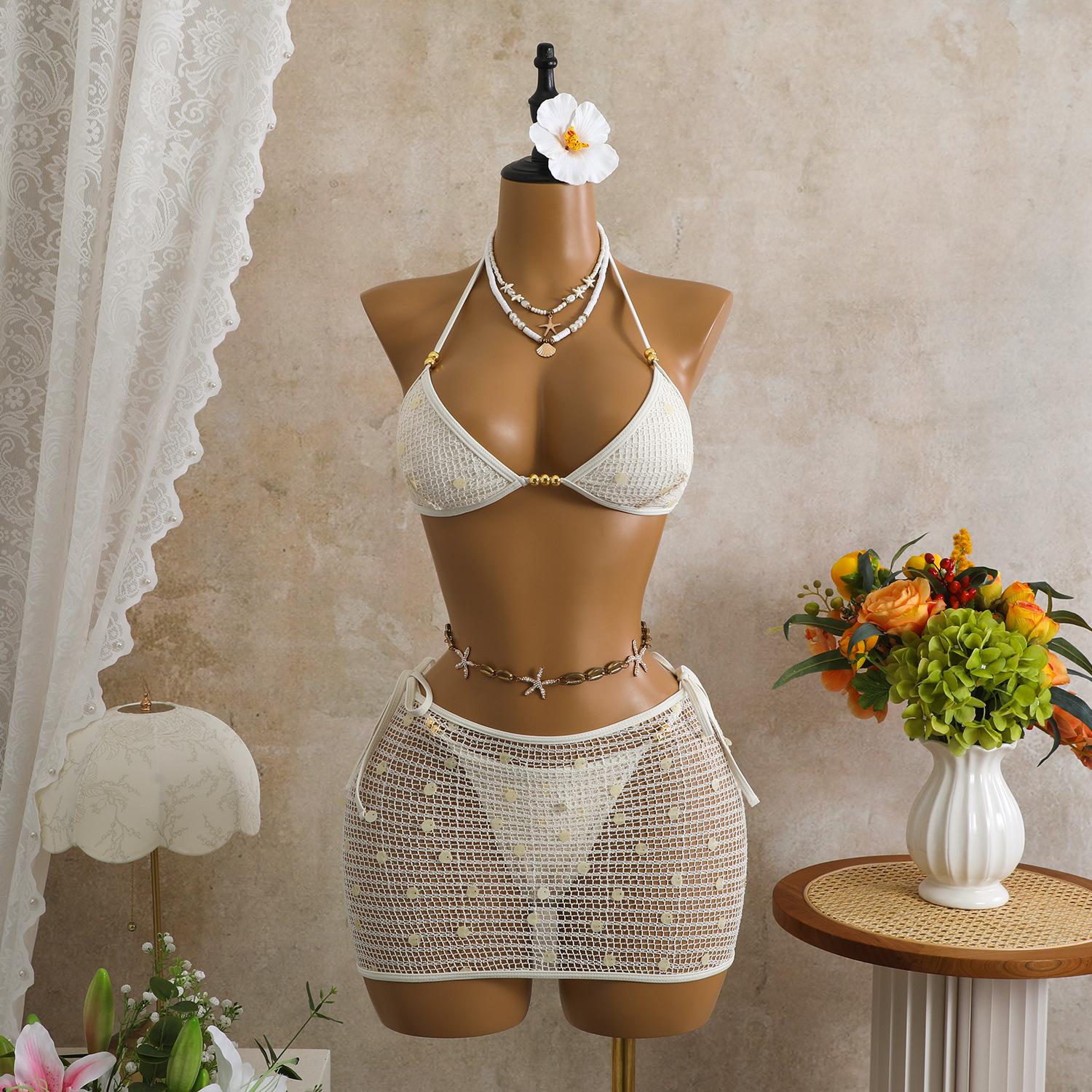 American retro mesh sequined bikini three-piece swimsuit bikini bikini XS