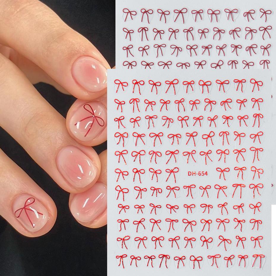 Valentine'S Day 3D Bow Nail Stickers French Minimalist Red Bowknot Designs Self-Adhesive Decals For Diy Nail Decor Itemations