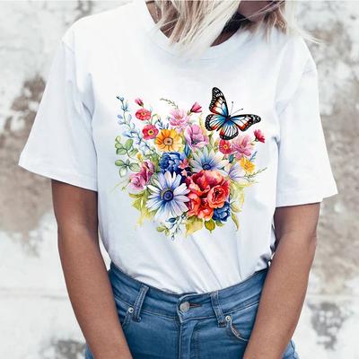 (Wysokiej jakości koszulki)Hot Flowers Koszulka Motyl Damska Zabawny Nadruk T-Shirt Casualowa Modna Uliczna Koszulka