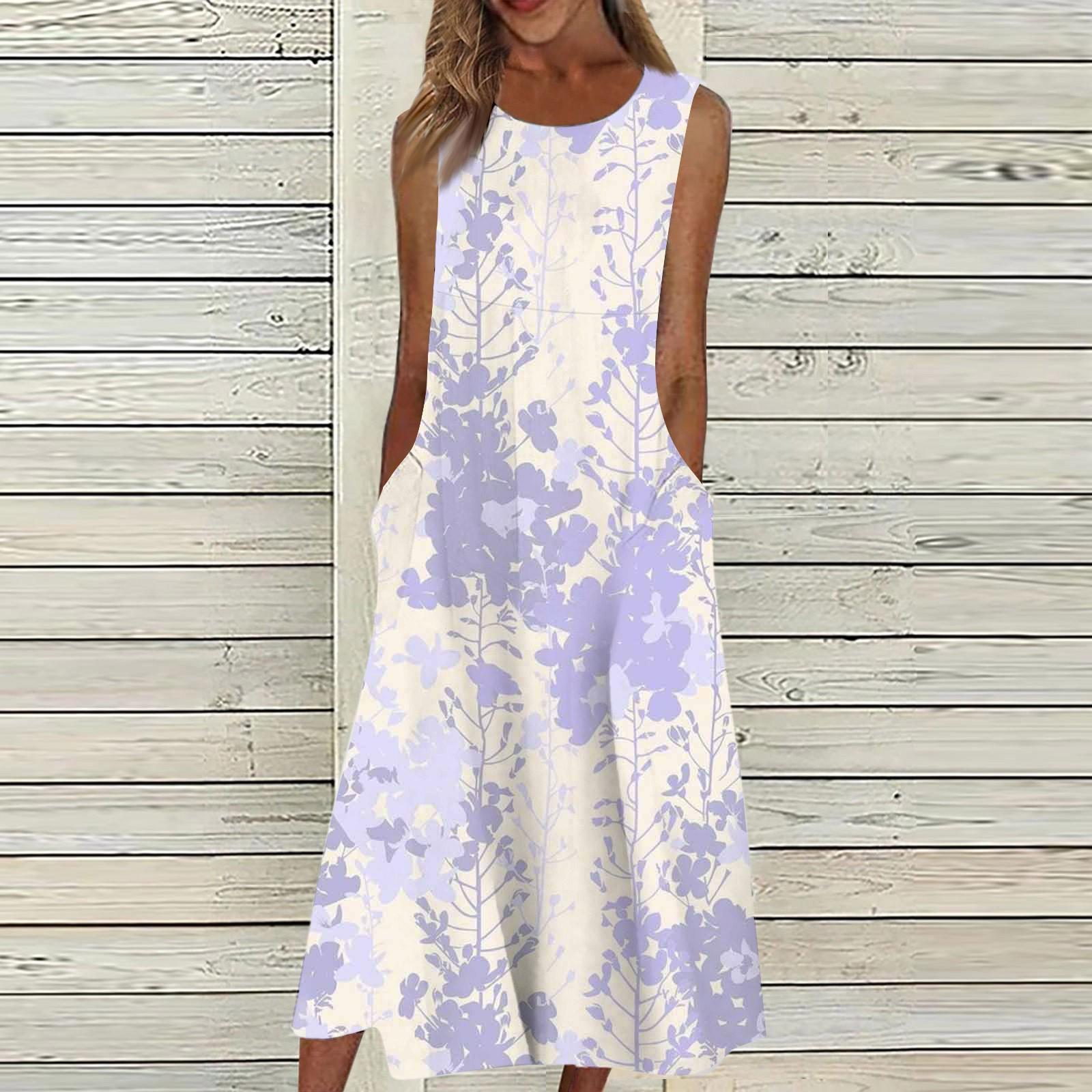 

Жіночі повсякденні сукні з принтом, круглим вирізом, базові класичні повсякденні вільні сукні без рукавів на відкритому повітрі M фіолетовий