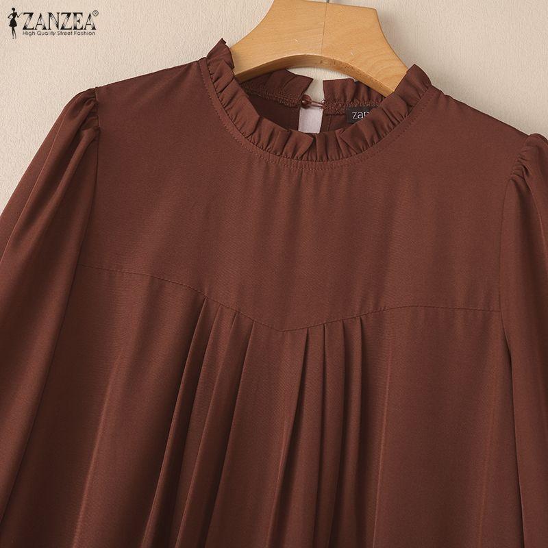 ZANZEA Women Round Neck Loose Long Sleeve Muslim Casual Long Dress