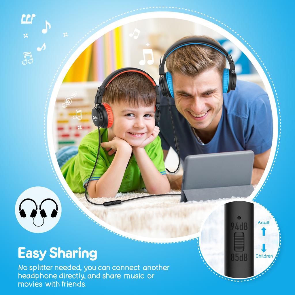 Kids Headphones, Headphones, 85dB/94dB Volume Limited, Wired Headphones with Mic, Sharing Function, Adjustable Toddler Headphones for School/Tablet/PC