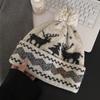 Pom-pom deer printed knitted hat children show their faces small autumn and winter new wool hat warm and cold ear protection
