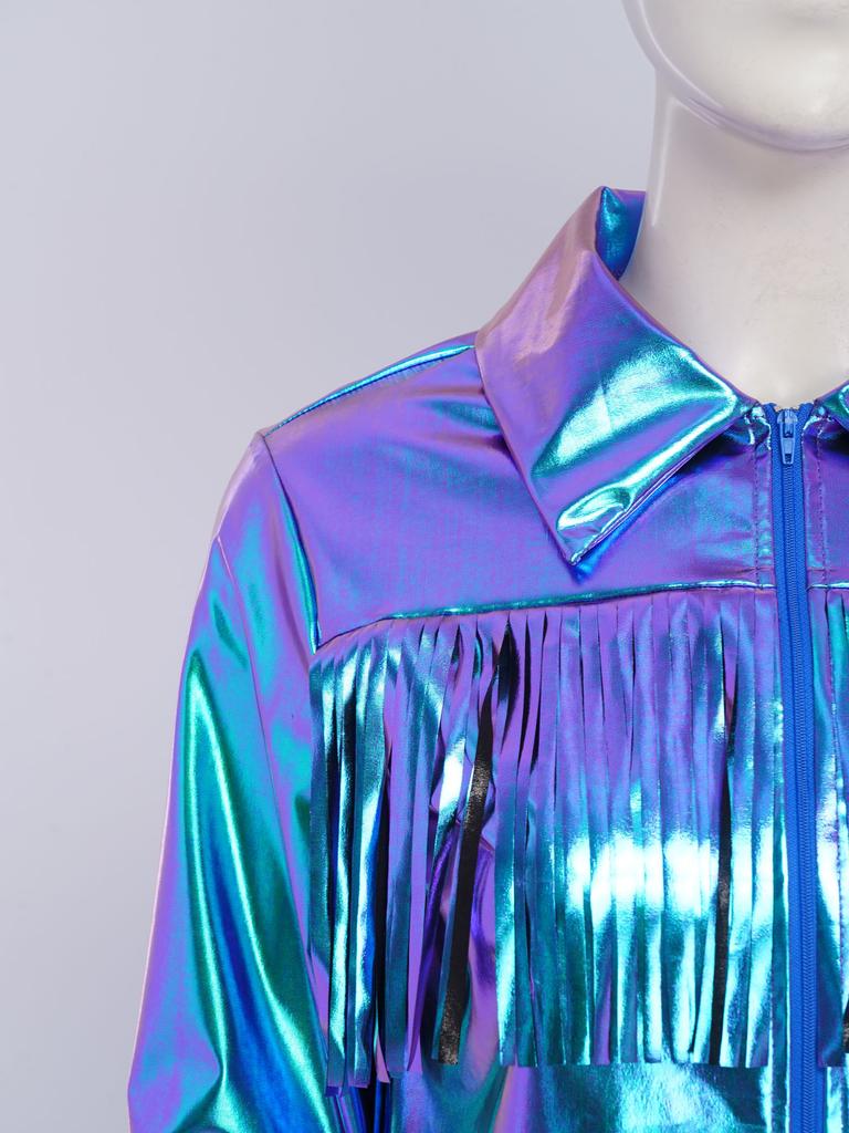 Women's Dance Birthday Party Jacket S-3XL: Tassels Metallic Glossy Turn-Down Collar Long Sleeve Zipper Fringe Shiny Design