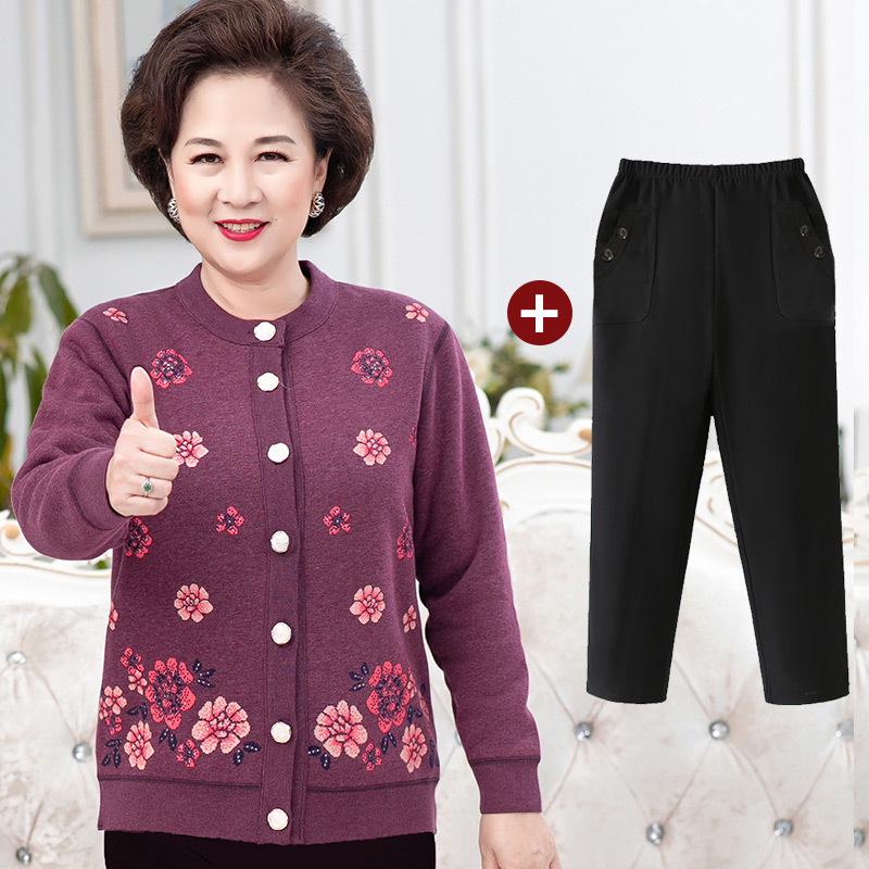 Grandma's Cozy Knit Cardigan: Velvet-Lined Winter Sweater for Middle-Aged and Elderly Women