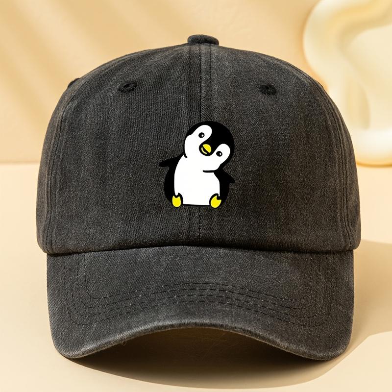 Retro washed penguin cartoon printed baseball cap suitable for men and women, suitable for adventure camping and parties
